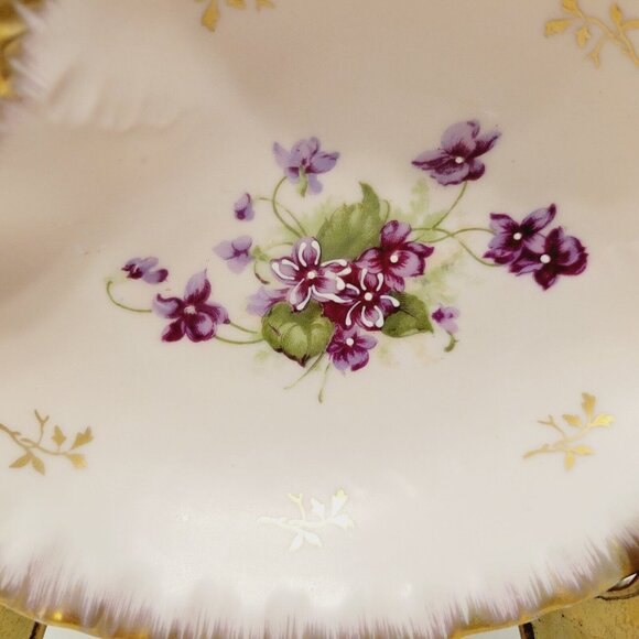 Vtg Hand Painted Lefton Leaf Shaped Gold Rim Purple Floral Candy Trinket Dish - Picture 2 of 7